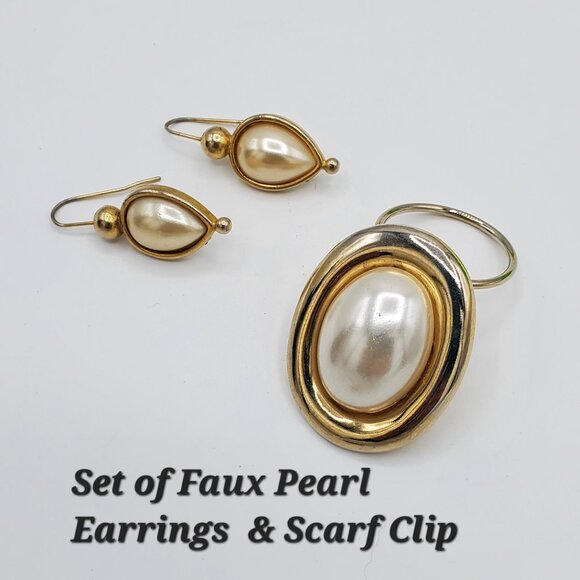 Set of Vintage Faux Pearl Gold-Tone Pierced Earrings & Scarf Clip - Picture 1 of 4